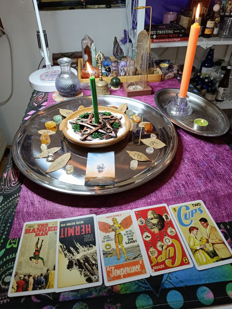 Road Opener working with candles, pentacle, and bay leaves