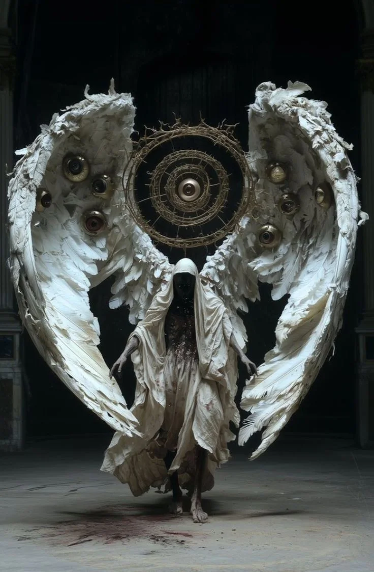 White-robed winged figure framed by feathers, watchful eyes, and a circular crown