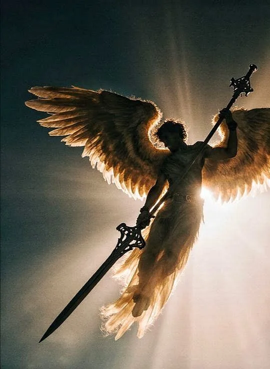 Winged angel holding a long sword in radiant golden backlight
