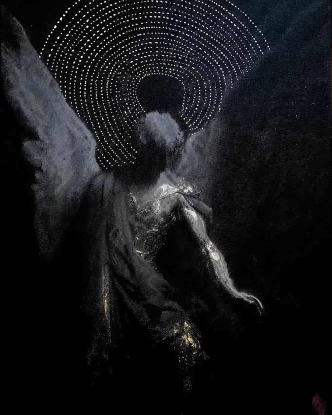 Shadowed winged figure beneath a circular field of light
